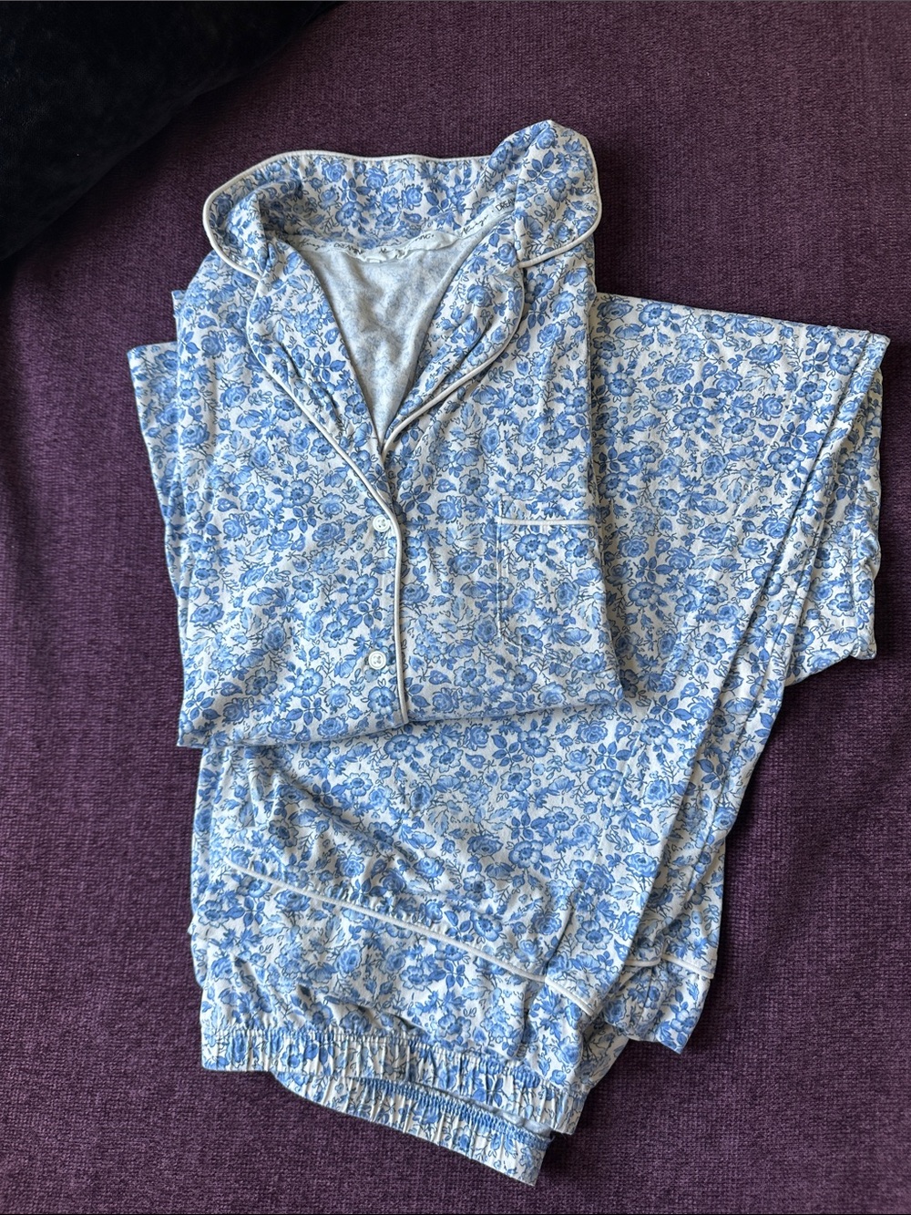 Womens Blue Floral Cotton Pajama Set - Long Sleeve Button-Down